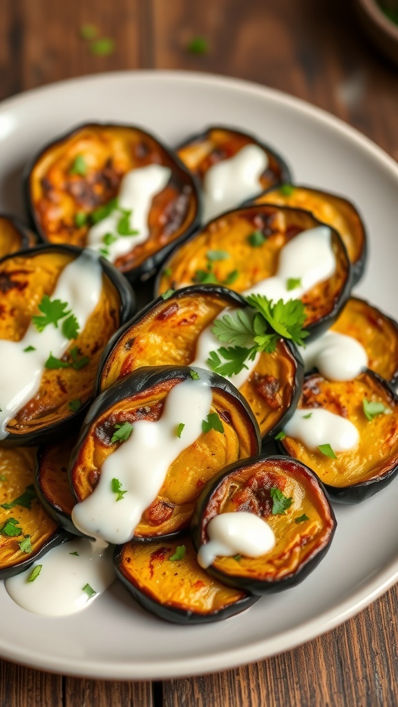 Roasted eggplant rounds with yogurt sauce and parsley on a rustic wooden table.